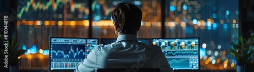 A modern investor analyzing stock market trends on multiple screens, charts and graphs visible, sleek office environment