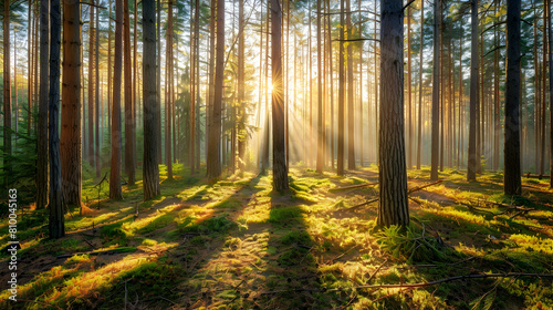A serene early morning in a dense coniferous forest, the sunlight filtering through tall pine trees, casting long shadows on a carpet of pine needles