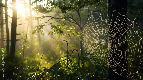 A serene early morning in a temperate forest, with sunlight filtering through dense foliage, highlighting the dew on spider webs