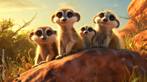 A contented family of meerkats basking in the warm sunshine, their playful nature shining in the jungle.