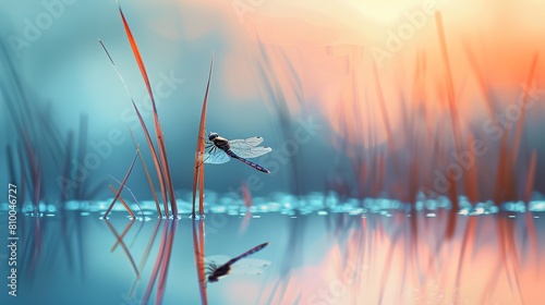a serene nature scene at sunrise with a close up dragon fly perched on a single reed against the water