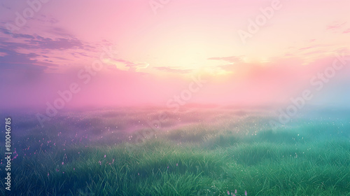 A serene lowland meadow at sunrise, with dew on the grass and a mist hovering just above the ground, under a pastel sky