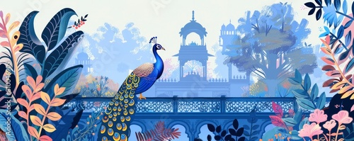 Peacock and palace arch in the distance, blue background with ornate border pattern and plants in Indian style