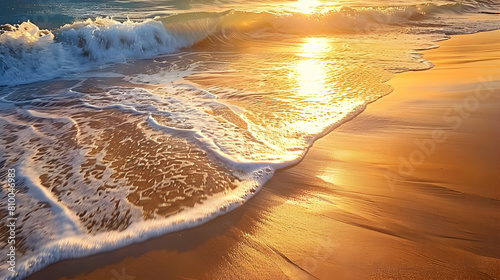 A serene morning at a sandy beach with gentle waves lapping at the shore, the sunrise casting a soft golden light on the wet sand