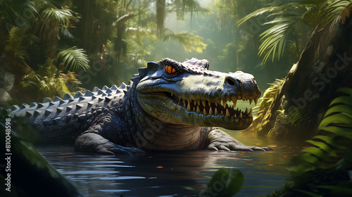 A fierce crocodile basking in the sun near a tranquil jungle river.