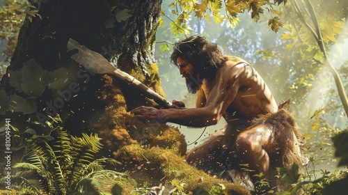 caveman carving a tree in the forest