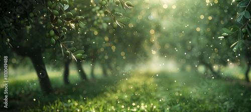 A serene olive grove after a rainstorm, with water droplets glistening on the leaves and olives, enhancing the natural colors