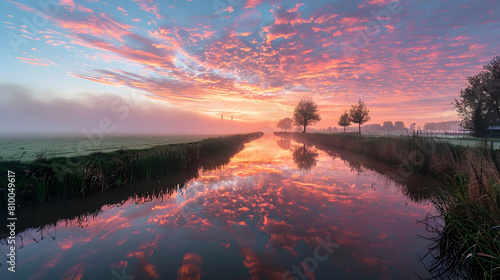 A serene sunrise over a polder landscape, with dew-covered grass and a tranquil water canal reflecting the colorful sky