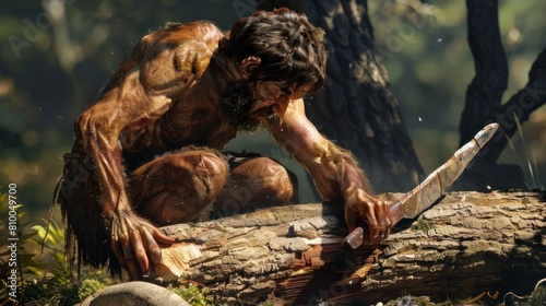 caveman carving a tree in the forest during the day in high resolution