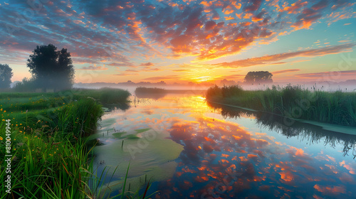 A serene sunrise over a polder landscape, with dew-covered grass and a tranquil water canal reflecting the colorful sky
