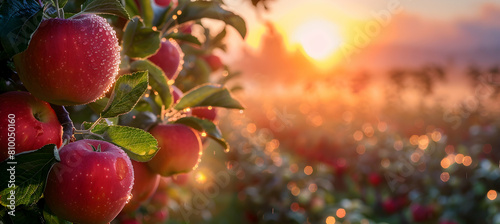 A serene sunrise over a sprawling apple orchard, with dew on the apples reflecting the early morning light