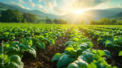 Panorama of a sunlit smart farm Rows of brightly colored crops monitored by an automated system.