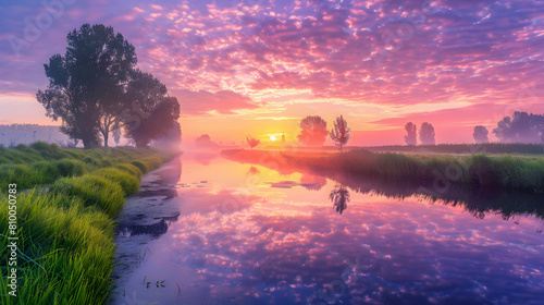 A serene sunrise over a polder landscape, with dew-covered grass and a tranquil water canal reflecting the colorful sky