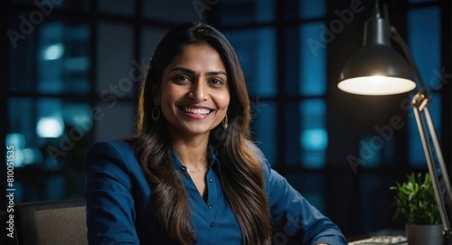 Smile and tablet with business indian woman in office at night for project management, Administration, design and desk with happy employee in creative agency or workplace for development 