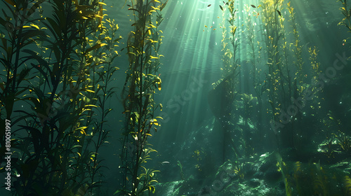 A serene underwater scene of a sunlit kelp forest, with rays of light filtering through towering kelp and a diverse array of marine life darting between the fronds