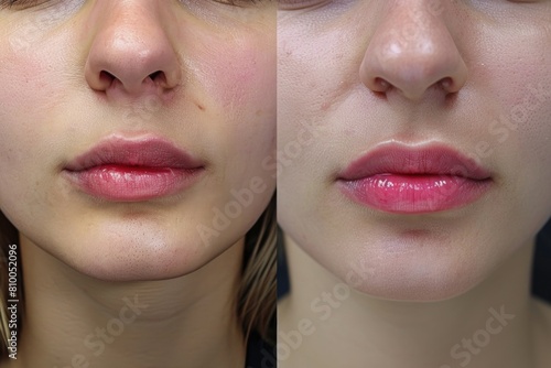 Woman's lips before and after a lip filler treatment, ideal for beauty and cosmetic industry promotions