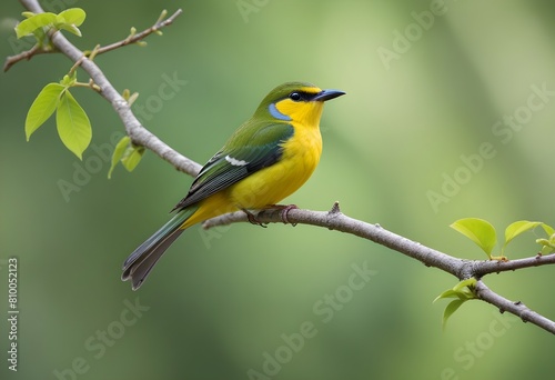 A bird with a long beak perched on a branch against a blurred green background