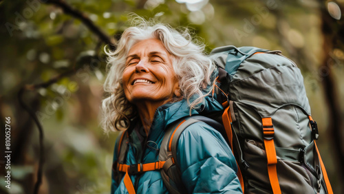 A joyful senior woman with a backpack smiling in a forest, representing active seniors enjoying nature and adventure.