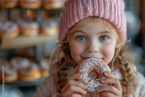 Little cute girl with pigtails, wearing pink sweater and hat, eats donut in candy store. With space for text, for design, print, card, poster, flyer, advertising. Donut concept. National Donut Day