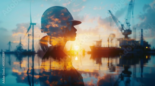 The silhouette of a woman wearing a hard hat with a double exposure of an industrial landscape with wind turbines, cargo ships and cranes at sunset.