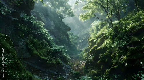 A serene view of a deeply eroded gulley surrounded by lush green vegetation, with sunlight filtering through the trees, creating a mosaic of light and shadow on the rugged terrain