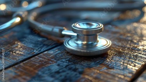 Zoom in on a stethoscope resting on a wooden desk, casting a soft shadow, highlighting its intricate, silver details Perfect for medical blogs and insurance campaigns