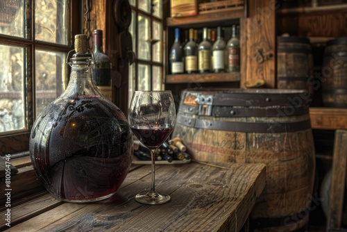 Aged Fine Wine in Carboy: Aged & Refined Beverage in Demijohn with Glassware at Winery