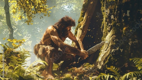 caveman carving a tree with his basic weapon prehistoric by day
