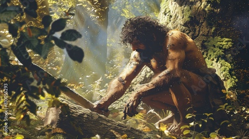caveman carving a tree with his basic weapon prehistoric day in high resolution