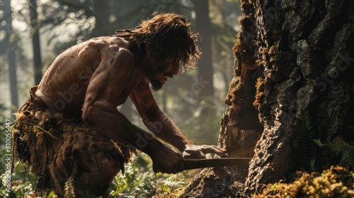 caveman carving a tree