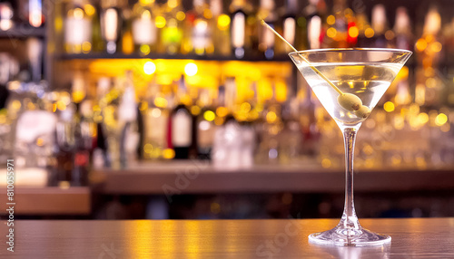 Cocktail Dirty Martini, im Hintergrund eine Bar 