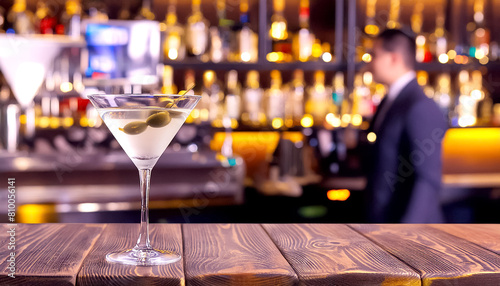 Cocktail Dirty Martini, im Hintergrund eine Bar 
