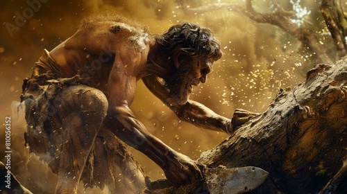 Caveman carving a tree with his basic prehistoric day weapon in high resolution and high quality. history concept, cave