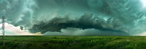 A storm approaching over the high plains, showcasing dark, ominous clouds contrasting with the bright green grass