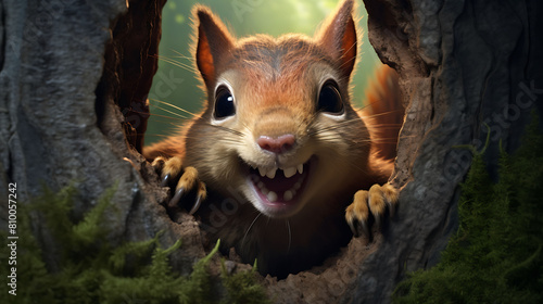 A mischievous squirrel peeking out from behind a tree trunk, its playful antics bringing joy to the jungle.