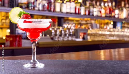 Cocktail Strawberry Margarita, im Hintergrund eine Bar 