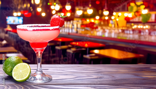 Cocktail Strawberry Margarita, im Hintergrund eine Bar 