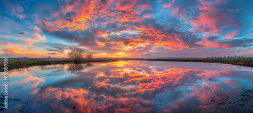 A sunset scene in a polder, where the sky is painted in hues of orange and pink above a mirror-like water surface reflecting the calmness