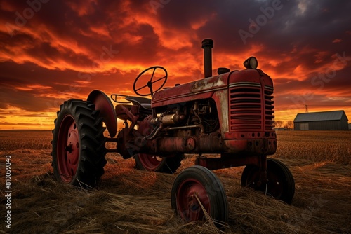 Tractor field spraying sunset. Nature harvest. Generate Ai
