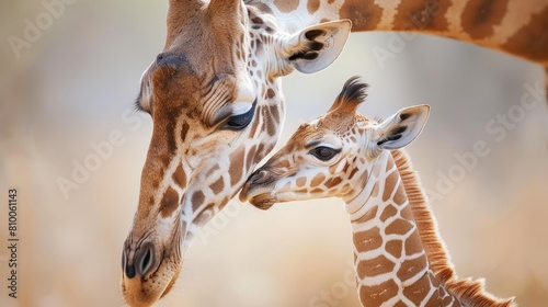 A mother giraffe is nursing her baby giraffe