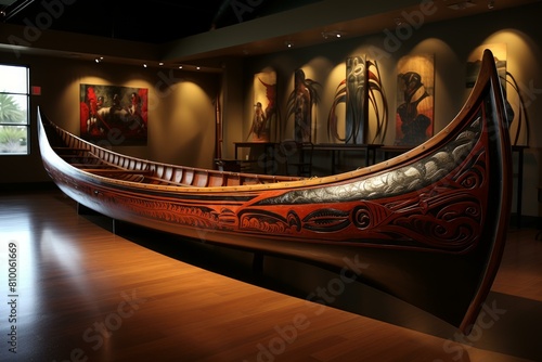 Beautifully carved, traditional wooden canoe exhibited in a museum with artistic lighting