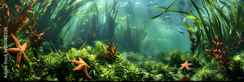 A tranquil scene depicting the biodiversity of a kelp forest, focusing on various species of algae, starfish, and crabs living among the kelp