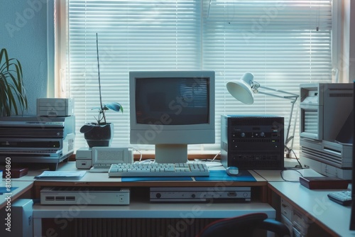 A 90s tech office with bulky desktop computers, floppy disks, and a dot matrix printer