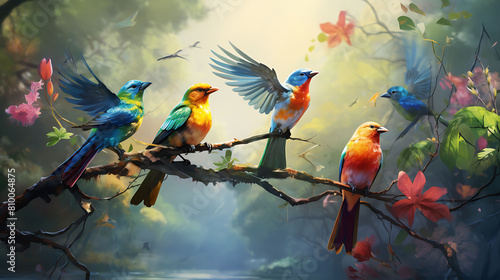 A flock of colorful birds taking flight from a tree branch, painting the sky with their vibrant wings in the jungle.