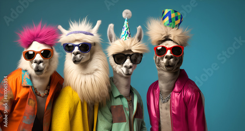 Creative animal concept. Group of llama in funky Wacky wild mismatch colourful outfits isolated on bright background advertisement, copy space. birthday party invite invitation banner 