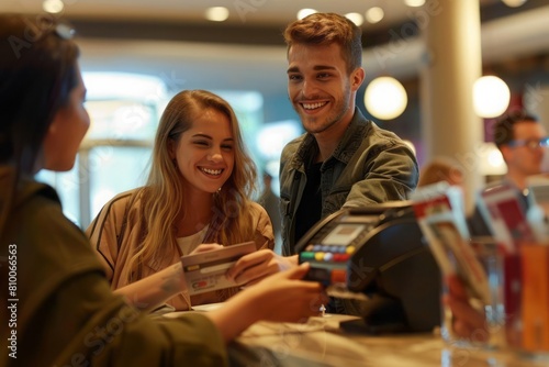 A young couple at a hotel reception desk, engaging in the process of paying for their room. The hospitable and professional atmosphere of the establishment