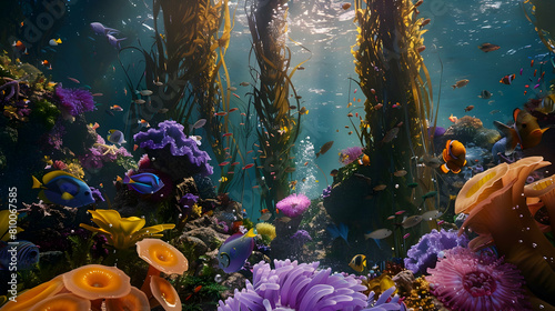 A vibrant underwater tableau of a kelp forest teeming with colorful fish, anemones, and other marine life, all thriving in the nutrient-rich ecosystem
