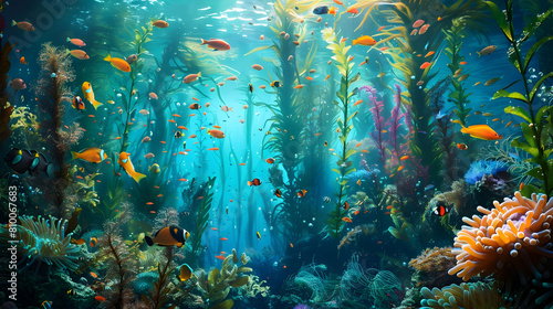 A vibrant underwater tableau of a kelp forest teeming with colorful fish, anemones, and other marine life, all thriving in the nutrient-rich ecosystem