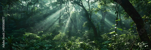 A wide-angle shot of a dense lowland forest with rays of sunlight piercing through the canopy, illuminating the undergrowth