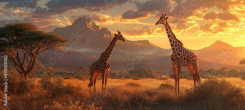 A beautiful african savannah with two giraffes standing in the foreground, mountains visible in background, warm sunset light